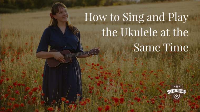 a woman playing the ukulele in a field with the title how to sing and play the ukulele at the same time