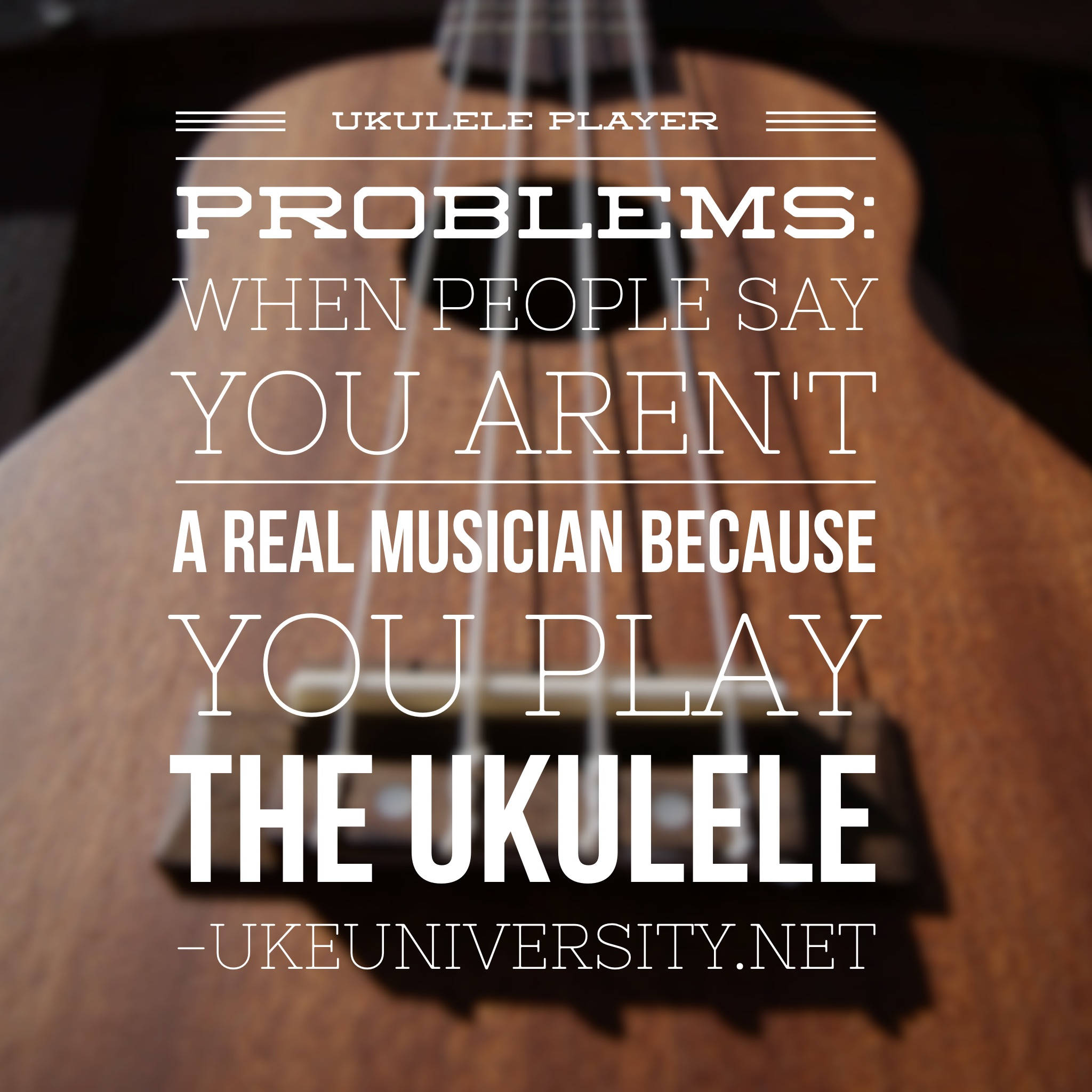 a picture of a ukulele with the caption ukulele player problems: when people say you aren't a real muscian because you play the ukulele